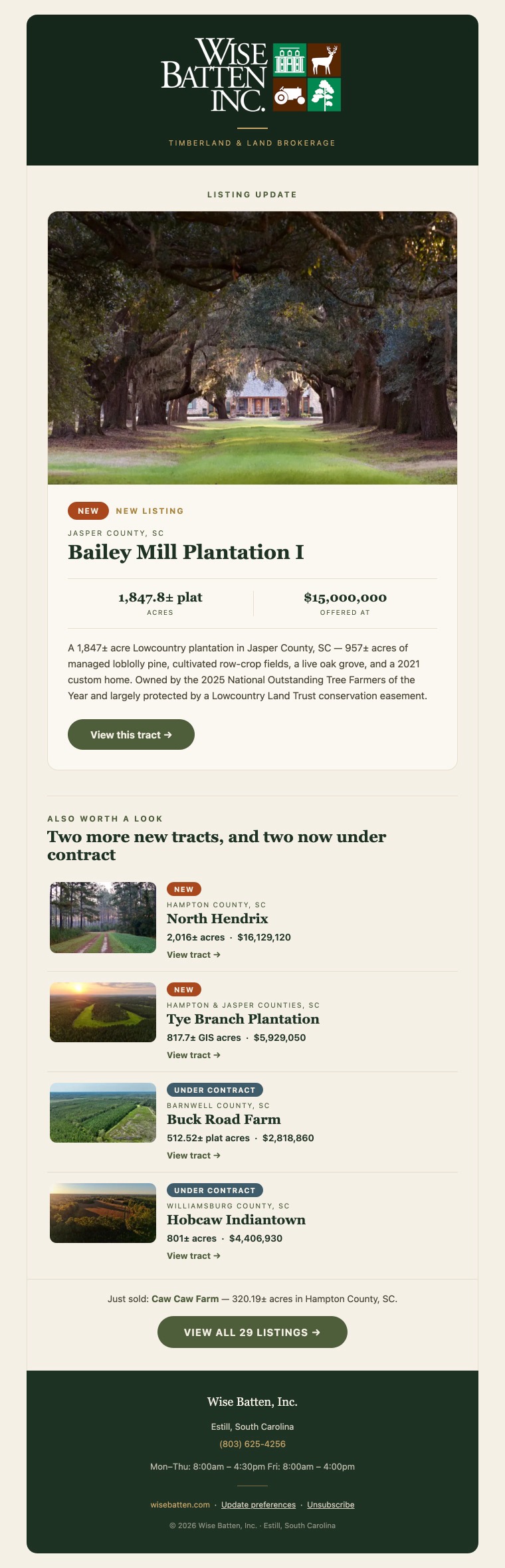 The Wise Batten listing update email showing a featured property with acreage and price, plus four secondary listings with status badges