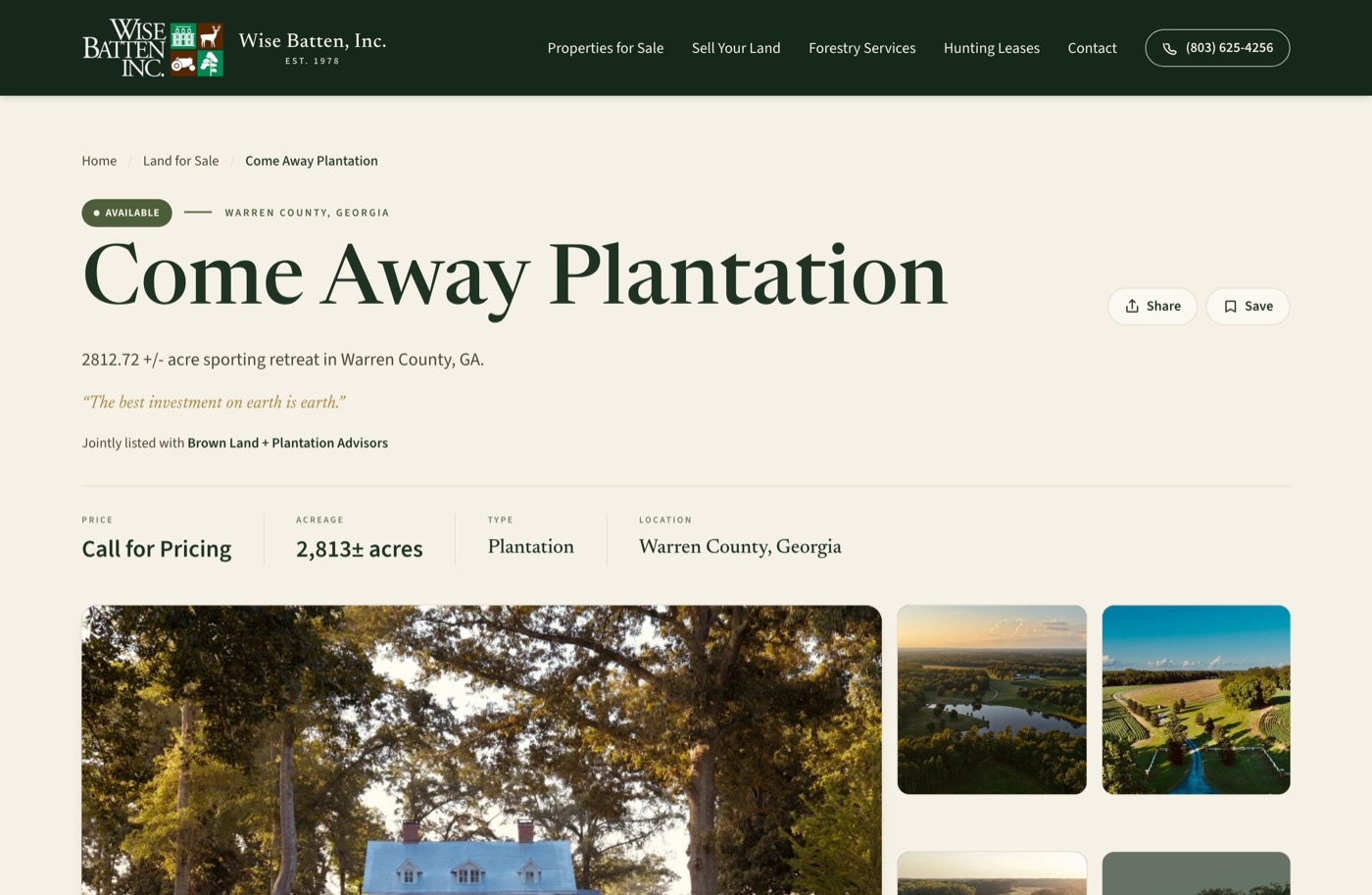 A Wise Batten property page showing status badge, acreage, property type, location, and photo gallery