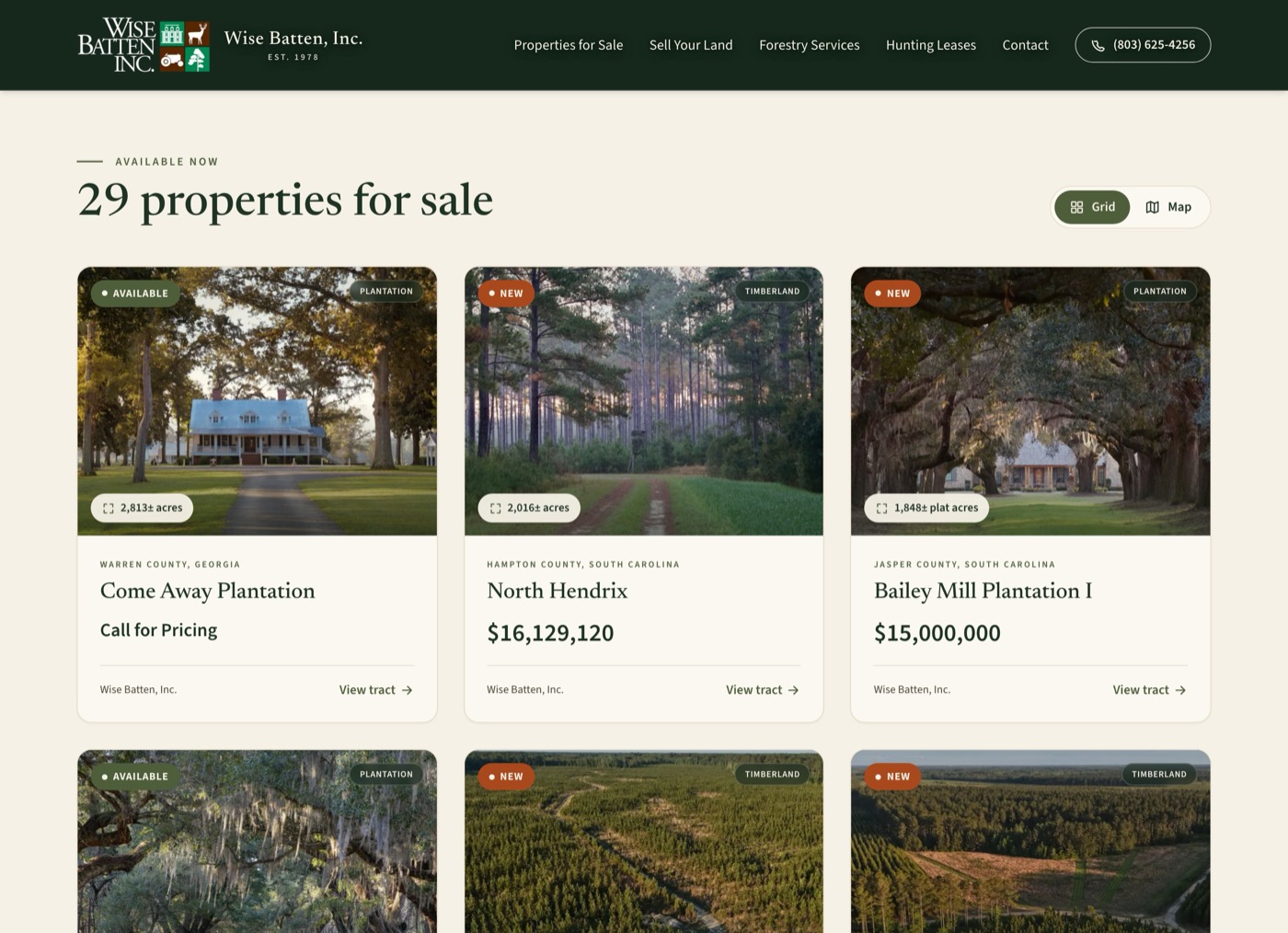 The Wise Batten properties archive showing filter controls and property cards with acreage, county, and price