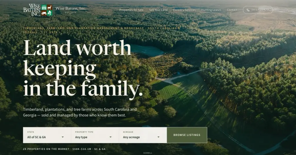 The Wise Batten homepage hero, an aerial view of managed timberland
