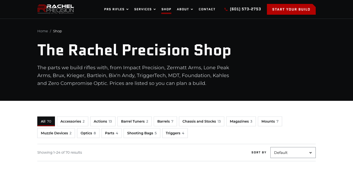 The Rachel Precision shop page with category and brand filters